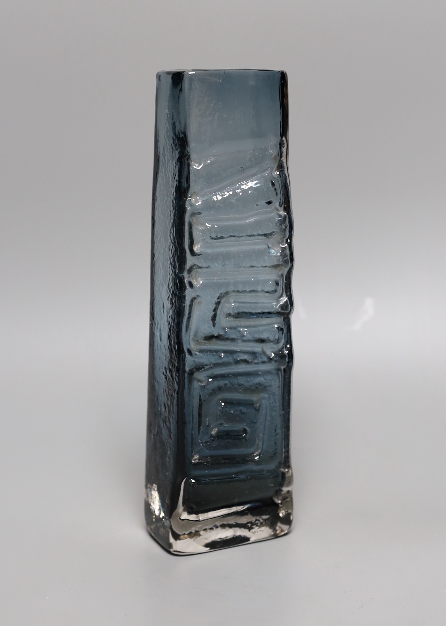 A Whitefriars 'Totem Pole' glass vase, designed by Geoffrey Baxter, pattern number 9671, smoked glass, 26cm tall